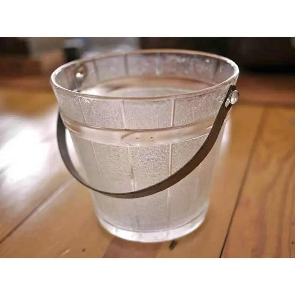 Vintage Mid Century Frosted Pressed Glass Ice Bucket Barrel Design Metal Handle